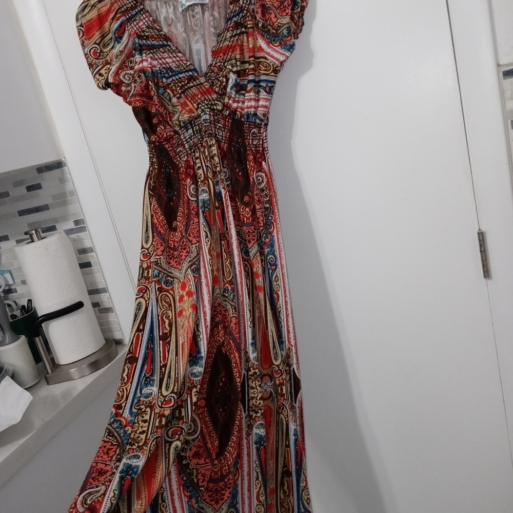 LAPAGEE PAISLEY LONGLINE CROSSOVER V NECK SMOCKED WAIST PRAIRIE STYLE DRESS M - Picture 13 of 15